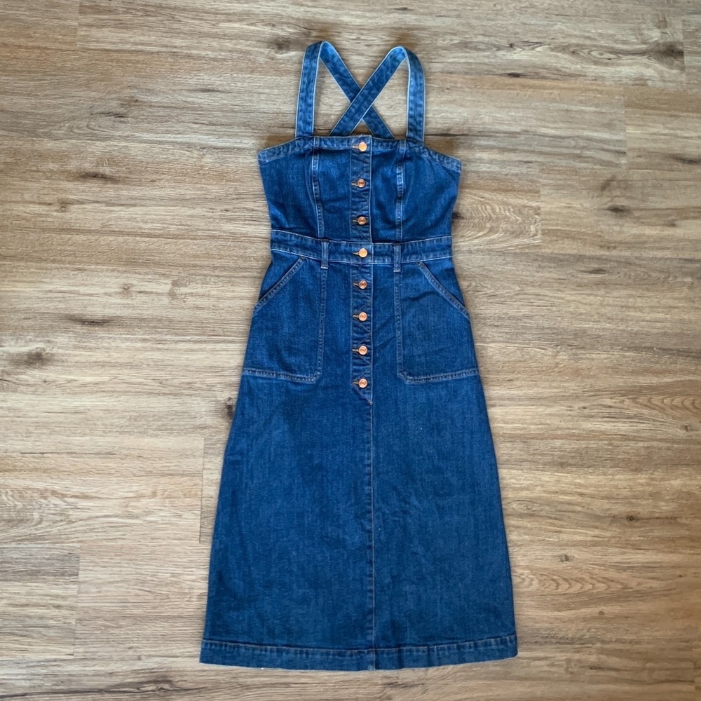 J.Crew midi button up pinafore denim apron dress - size small womens